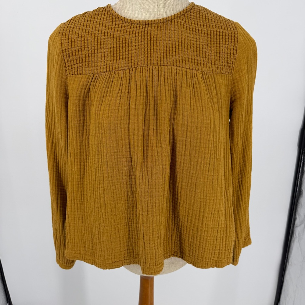 Madewell Smocked Yoke Gauze Blouse Womens Small Mustard Yellow Boho Long Sleeve